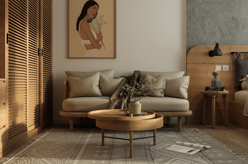 Warm minimalist living room with wooden furniture and art decor, creating a serene atmosphere.
