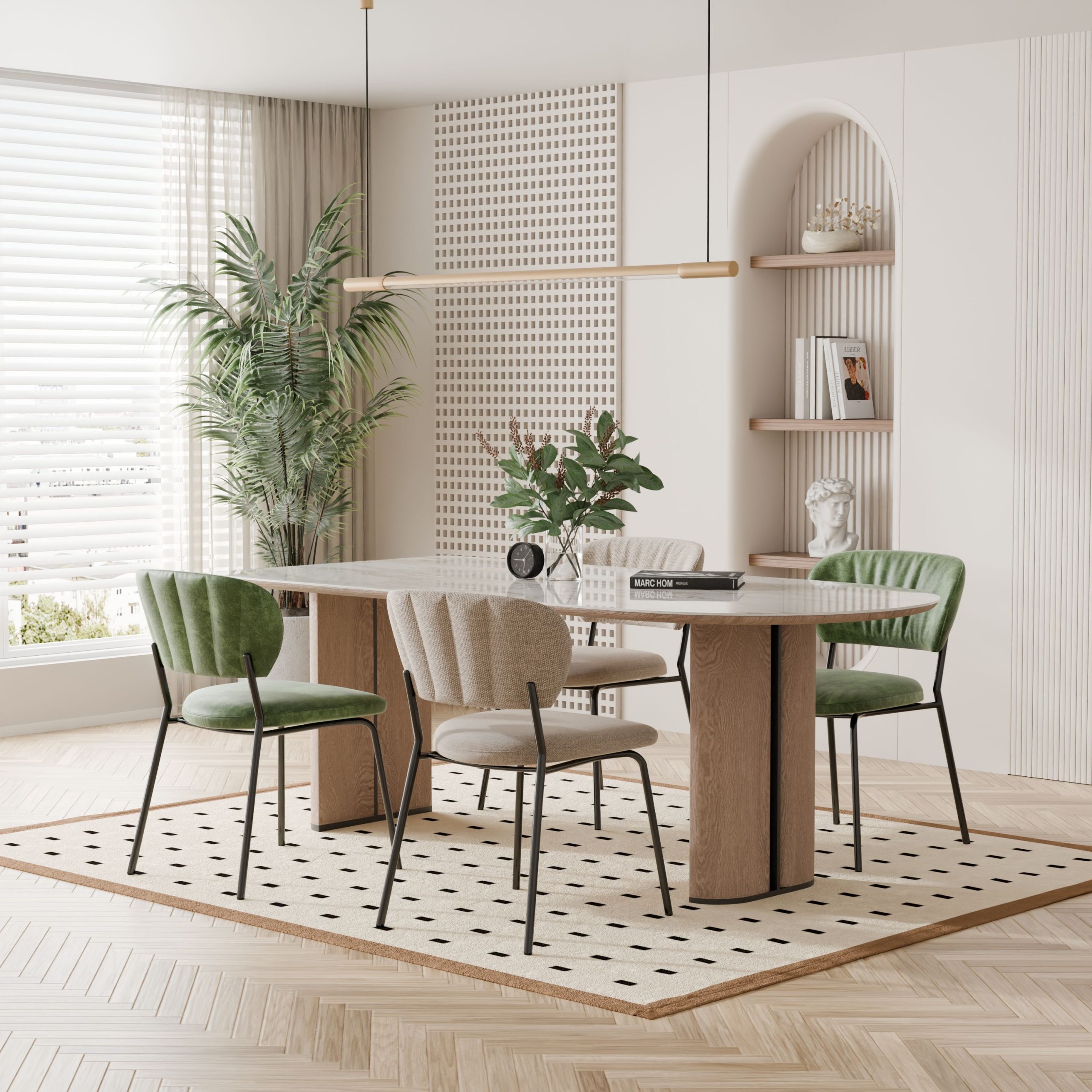 Stylish dining room with modern furniture, green accents, and natural light.